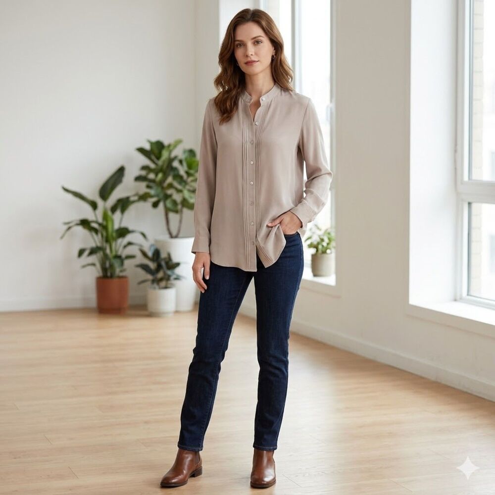 J.Jill Grey Button Front Silk Blouse Long Sleeves XS Petite Office Career
